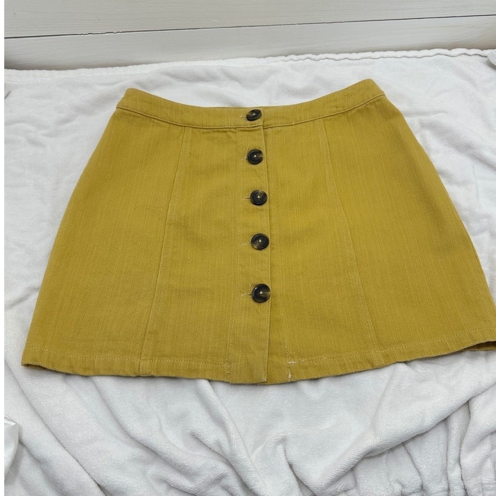 Newbury Kustom Button Front Mini Skirt Womens M Mustard Yellow Excellent A-Line